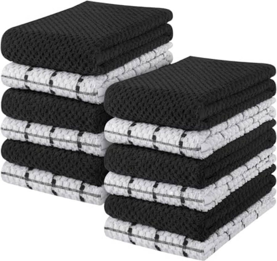12 Delig Keuken Handdoeken Set 38 x 64 cm 100% Ring Gesponnen Katoen Zwart en Wit