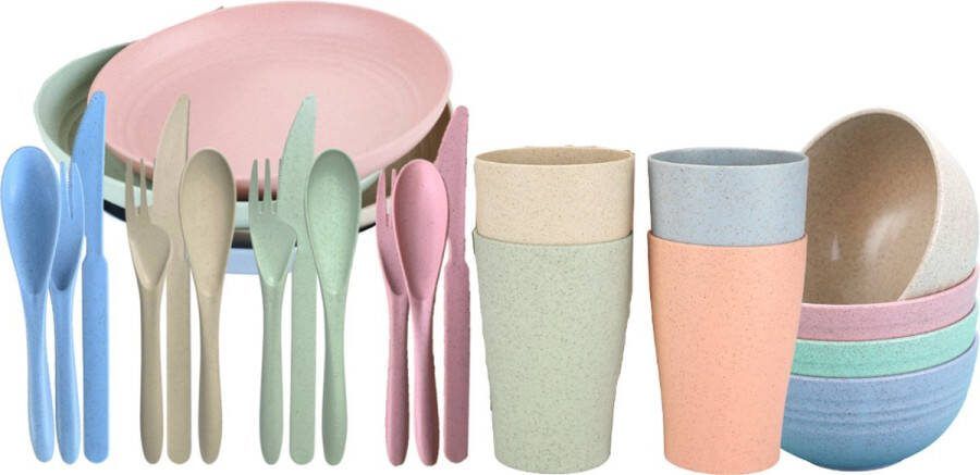 12-delig tafelservies van onbreekbaar kunststof campingservies lichte borden kommen en kopjes magnetron- en vaatwasmachinebestendig servies voor 4 ideaal voor kinderen
