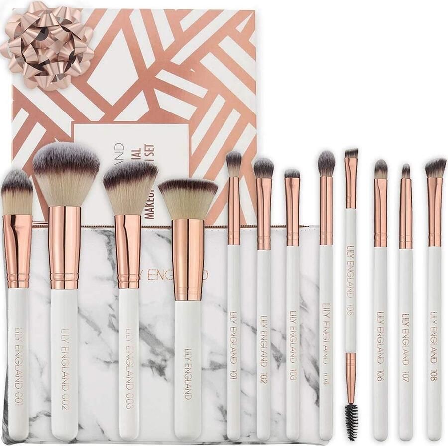 12-delige make-upkwastenset in glamoureus roségoud incl. foundationkwast poederkwast & ogen make-up kwastenset met tas voor het opbergen in chique marmer design