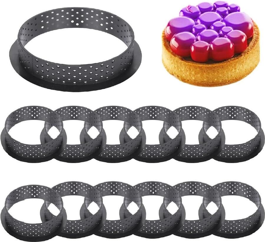 12-delige ronde cakevormen set bakvormen met geperforeerde ringen en antiaanbaklaag voor taartdecoratie