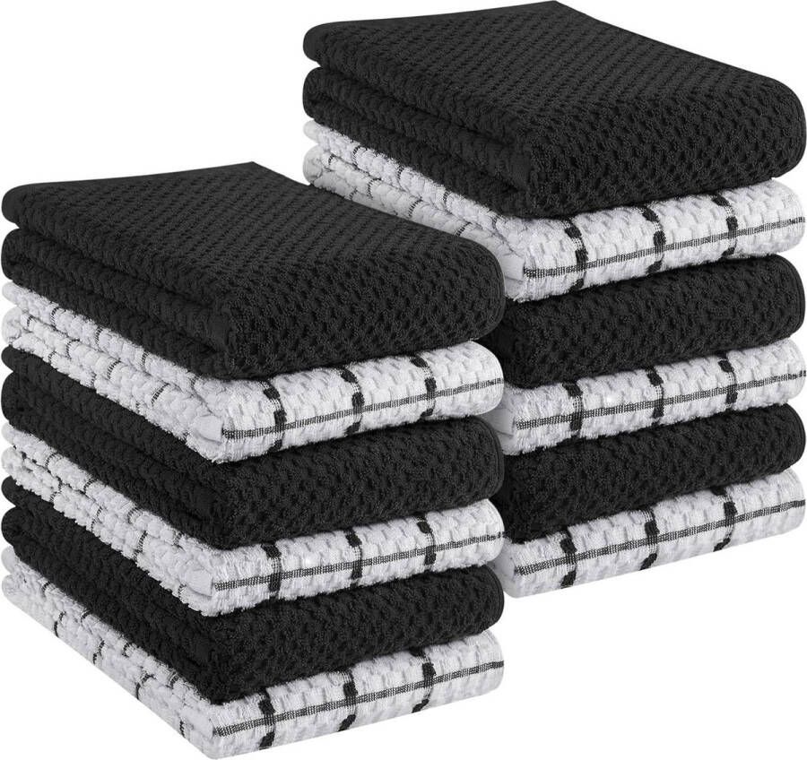 12-delige Set Keukenhanddoeken Superzacht en Absorberend 100% Ring Gesponnen Katoen 38 x 64 cm Zwart en Wit