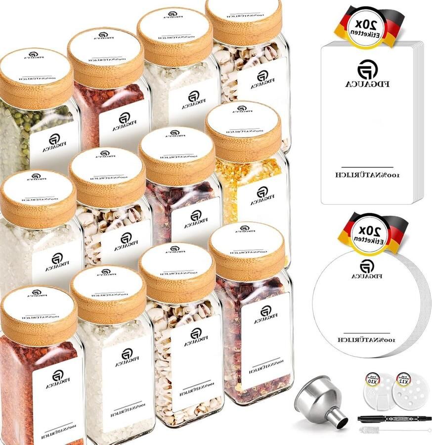 12-delige set kruidenstrooiers van glas 120 ml vierkante kruidenpotjes met bamboedeksel geleverd met 40 witte doe-het-zelf etiketten geordende opslag van familiekruiden kruidenpotjes vierkant