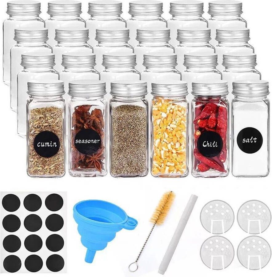 12-Glazen Kruidenpotjes vierkant met Deksel Kruidenstrooier Complete set met Strooideksels Voorbedrukte Stickers en Trechter Inhoud 120 ml
