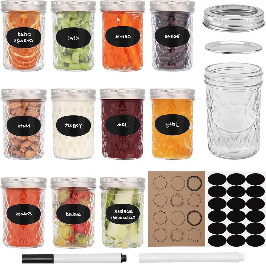 12 Glazen Mason Potten 236 ml met Metalen Deksels Luchtdicht Inblik Potten Voedsel Opslag voor Overnight Oats en Jam Maaltijdprep