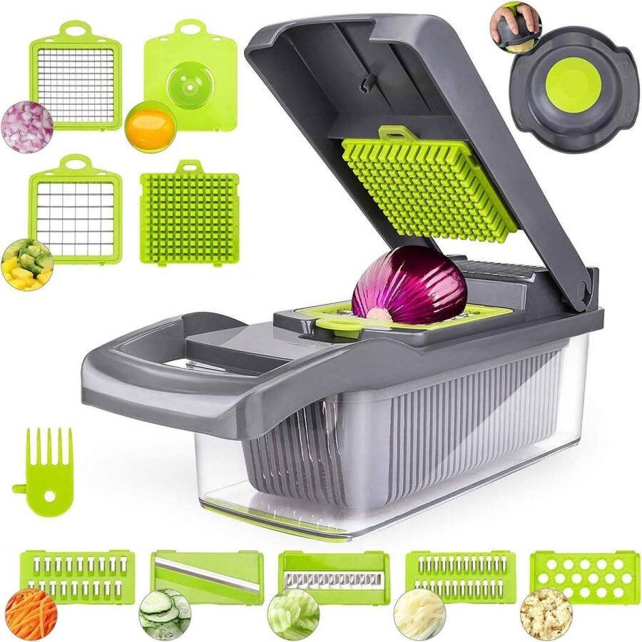 12-in-1 Handgehouden Plantaardige Uihakselaar Verstelbare Veggie Mandoline Snijmachine met 7 Roestvrijstalen Messen Groen