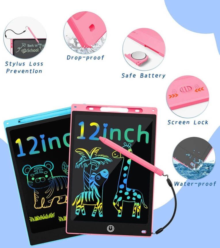 12 Inch LCD-schrijftablet 2 stuks draagbare magische tekentablet peuter leren speelgoed kleurrijke doodle krabbelpad kinderen reizen speelgoed voor 2-7 jaar oude jongens meisjes Kerstmis