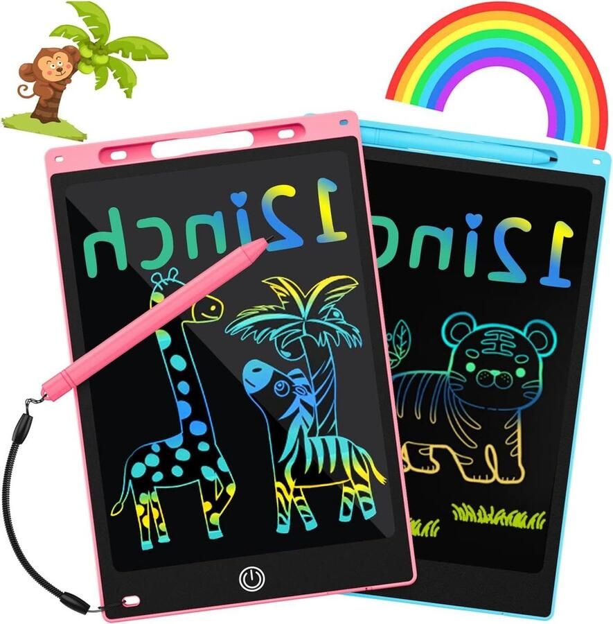 12 Inch LCD-schrijftablet 2 stuks draagbare magische tekentablet peuter leren speelgoed kleurrijke doodle krabbelpad kinderen reizen speelgoed 2-7 jaar jongens meisjes Kerstmis Tekenbord