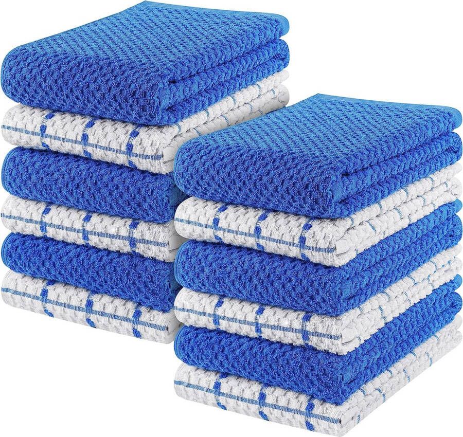 12 Keuken Handdoeken Set 38 x 64 cm 100% Ring Gesponnen Katoenen Superzacht en Absorberend Schotelantennes Theedoeken en Barkrukken Handdoeken (Blauw en Wit)