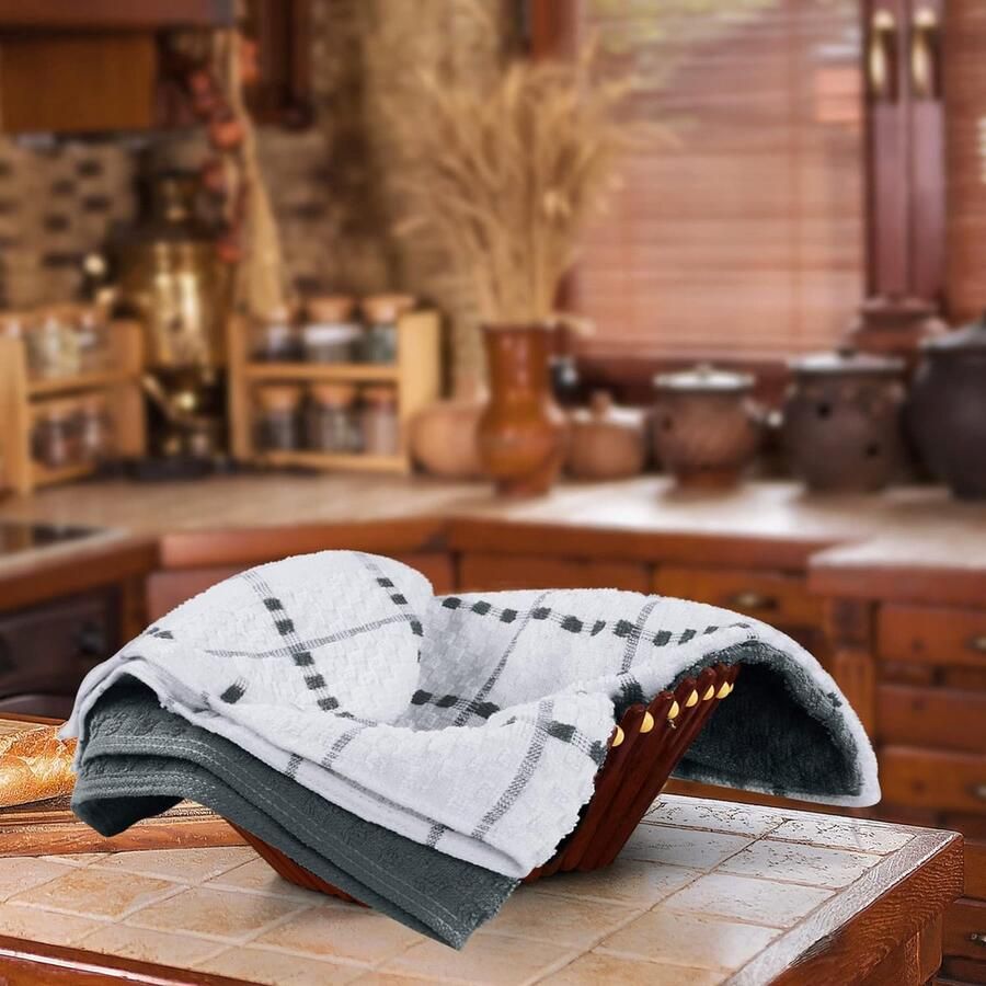 12 Keuken Handdoeken Set 38 x 64 cm 100% Ring Gesponnen Katoenen Superzacht en Absorberend Schotelantennes Theedoeken en Barkrukken Handdoeken (Grijs en Wit)