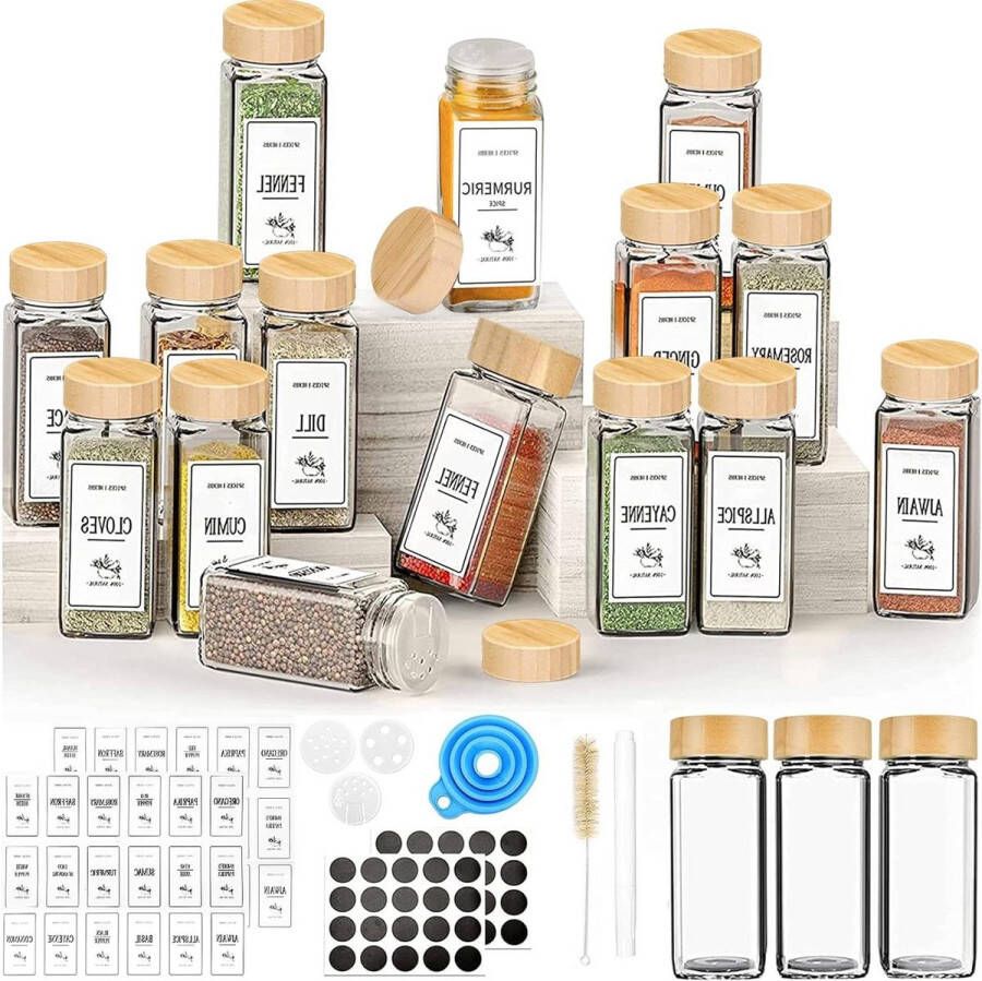 12 Kruidenpotjes met Stickers en Bamboe Deksel Glazen Kruidenpotjes 113 ml Shakerdeksels 120 Kruidenetiketten Kruidenrek Kastlade Transparant Kruidenpotjes met Stickers