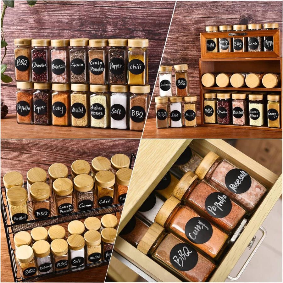 12 Kruidenpotjes set Vierkant Kruiden Organizer Kit 120ml Helder Kruidenpotten met Hoogwaardig Houten Deksel van Bamboe Kruidenkit met Labels Trechter Stift 10 5 x 4 5 cm