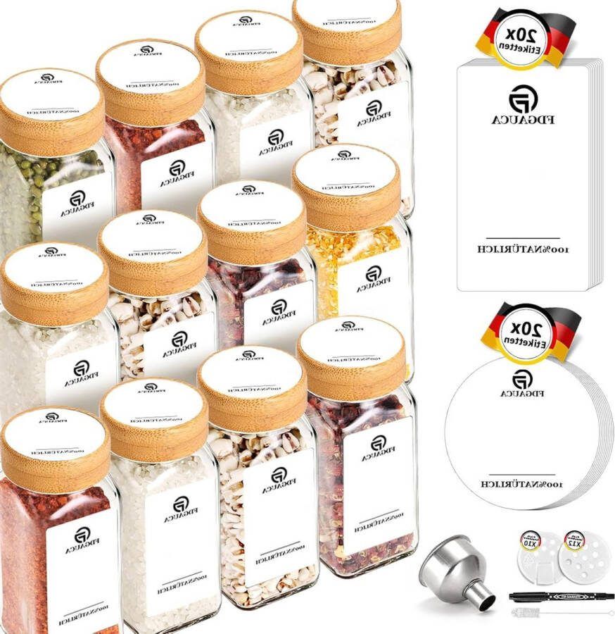 12 set kruidenstrooiers glas 120 ml vierkante kruidenpotjes met bamboedeksel witte doe-het-zelf etiketten geordende opslag van familiekruiden Kruidenpotjes