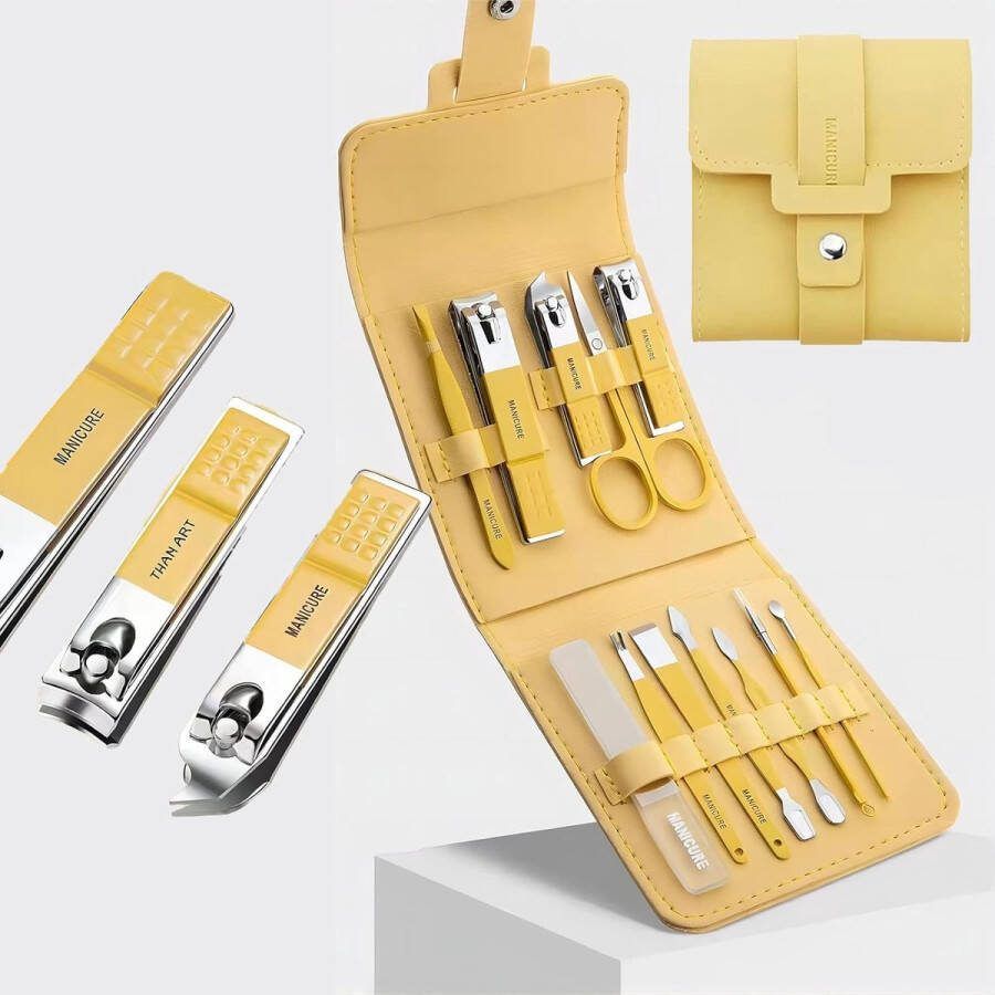 12 Stks Nagelverzorging Kit manicure set voor vrouwen professionele nagelknipper pedicure set Pedicure Care Tools Roestvrij Staal voor Dikke Vingernagel Teennagel Mannen Vrouwen Dagelijks of Reizen (geel)