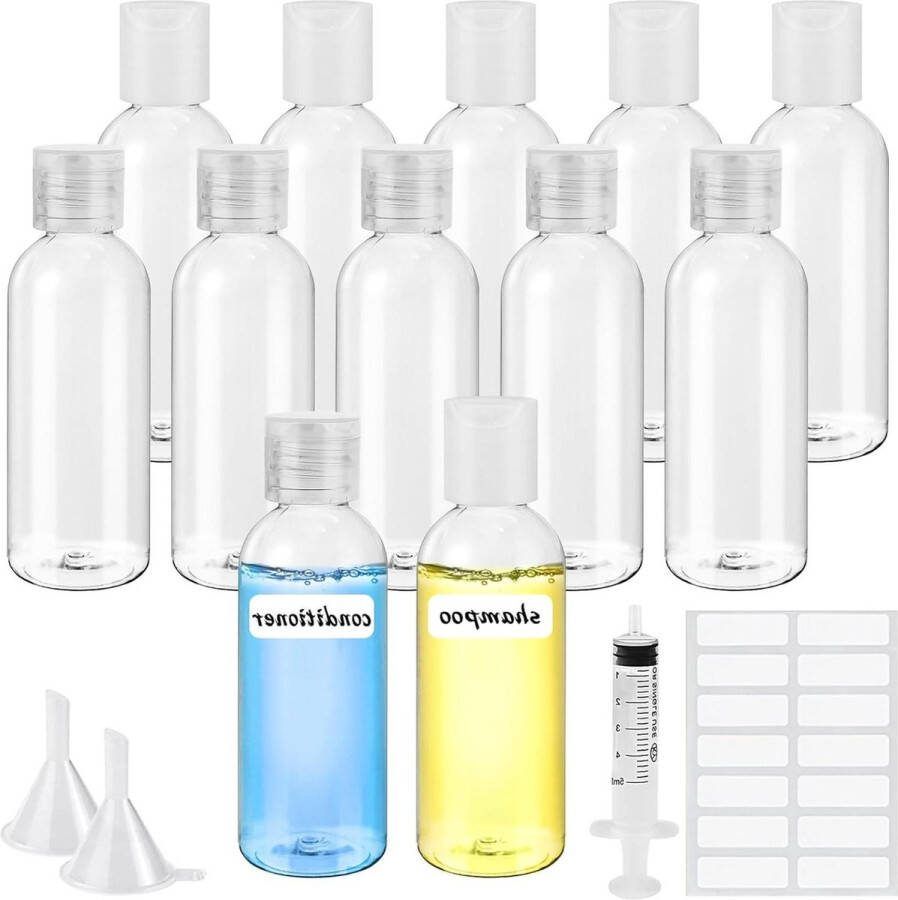 12 stuks 60 ml reisfles voor toiletartikelen navulbare transparante flessen met spuittrechters inclusief etiketten reistoiletartikelen make-up reisflesjes handbagage