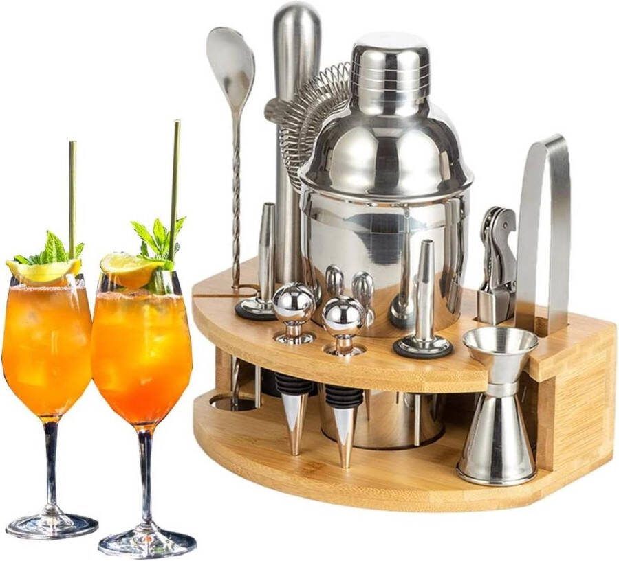 12 Stuks Bar Barman Set Cocktail Shaker Roestvrij Staal Strakke Bamboe Dienblad 350ML