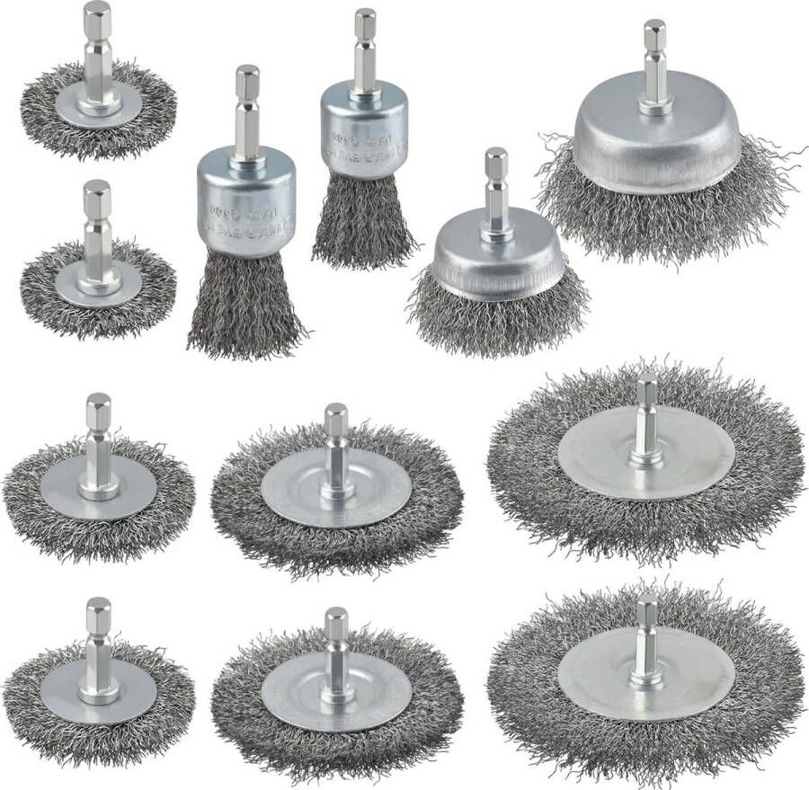 12 stuks draadborstelset voor boormachine ronde schacht 6 mm staaldraad draadborstel boormachine met zeskantstang 1 4 schijfborstel potborstel borstelborstel draadborstels boormachine