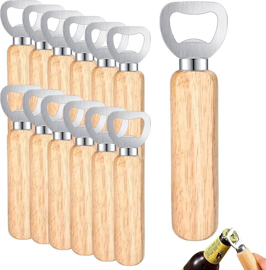 12 stuks flesopeners flesopener houten bieropener houten handvat draagbaar natuurlijk hout kroonkurkopener voor thuis pub outdoor mannen (12 stuks houtkleur)