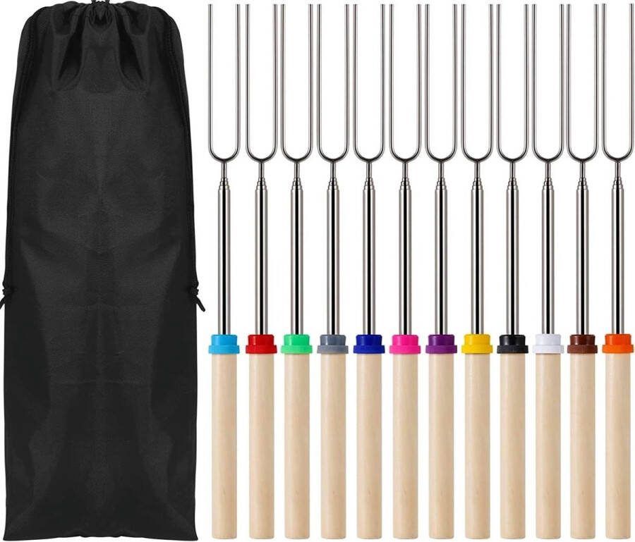 12 stuks grillspiesen roestvrij staal marshmallow BBQ roostersticks 31 cm 81 cm telescopische grillspies braadstokjes met houten handvat kampvuurspiesen hot-dog vorken voor camping