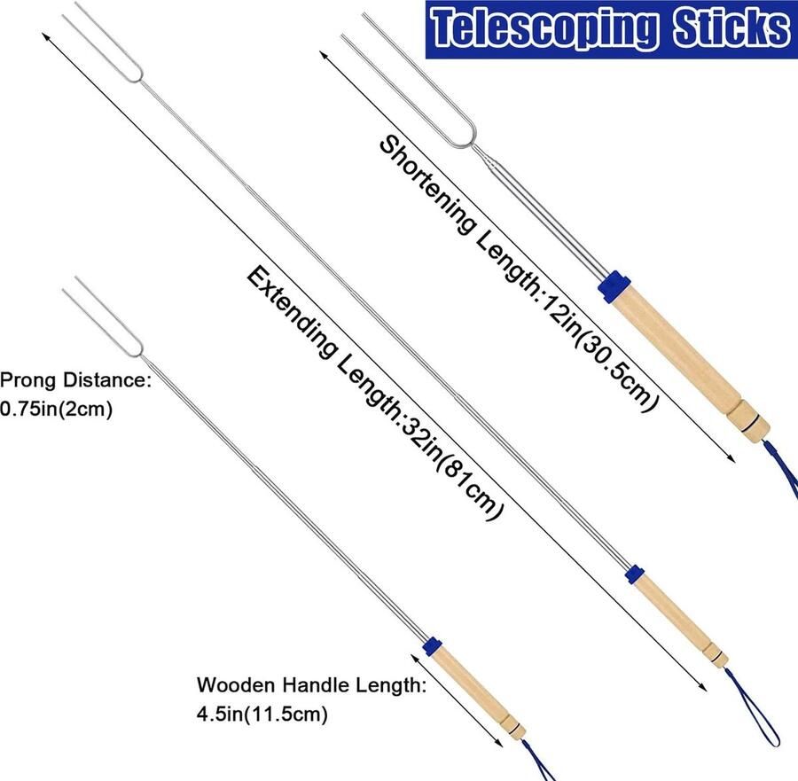 12 stuks grillspiesen roestvrij staal marshmallow BBQ roostersticks 31 cm 81 cm telescopische grillspies braadstokjes met houten handvat kampvuurspiesen hot-dog vorken voor camping