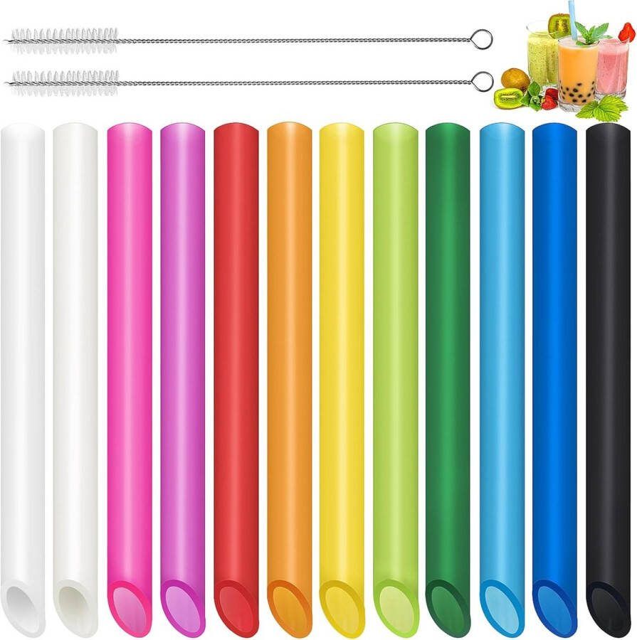 12 stuks herbruikbare Bubble Tea met 2 reinigingsborstels gekleurde punt dikke rietjes plastic geschikt voor alle soorten smoothies milkshakes (13 mm x 25 5 cm)