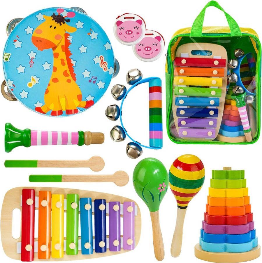 12 stuks houten muziekinstrumenten voor kinderen vanaf 3 jaar met xylofoon maracas tamboerijn Montessori educatief speelgoed verjaardagscadeau voor meisjes en jongens van 3 4 5