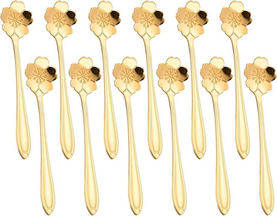 12 stuks koffielepels bloemvorm theelepel dessertlepel menglepel roestvrij staal Sakura goud