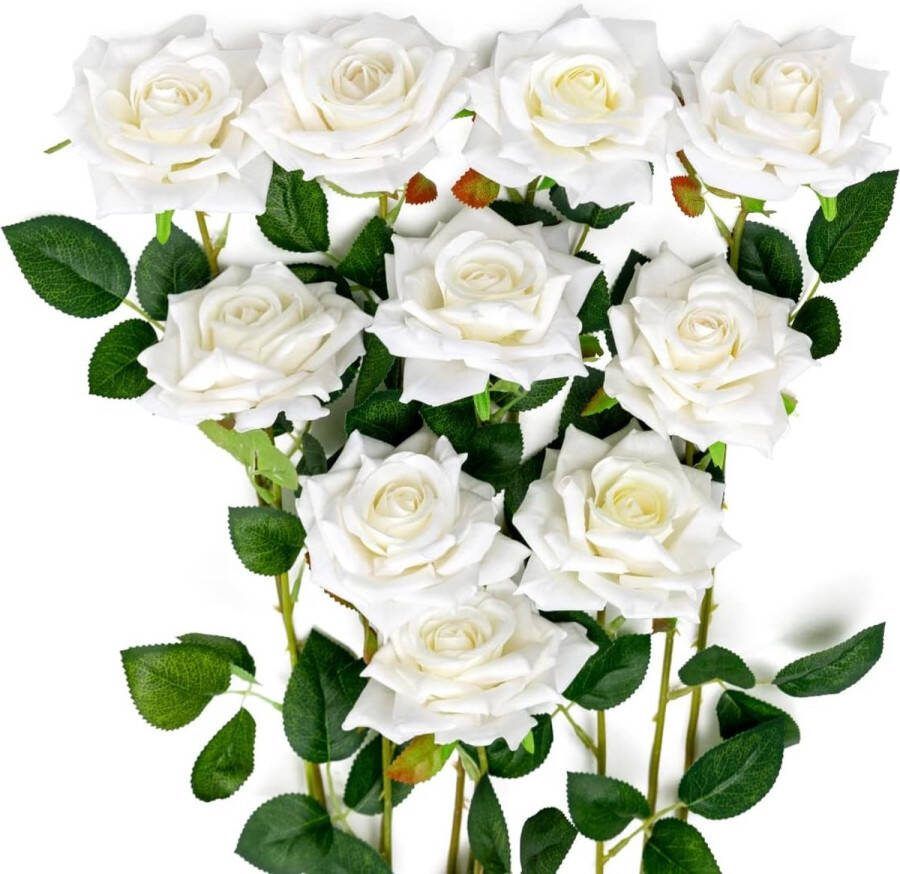 12 stuks kunstbloemen rozen fluwelen bloemen nepbloemen lange steel kunstrozen bloemenboeket voor bruiloftsdecoraties (wit)