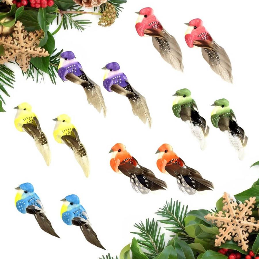 12 stuks kunstvogels met veren en clip kerstboom vogels kerstboom kleurrijke decoratie vogels schuim vogelfiguur decoratie ornamenten voor handwerk tuin ornamenten feestdecoraties