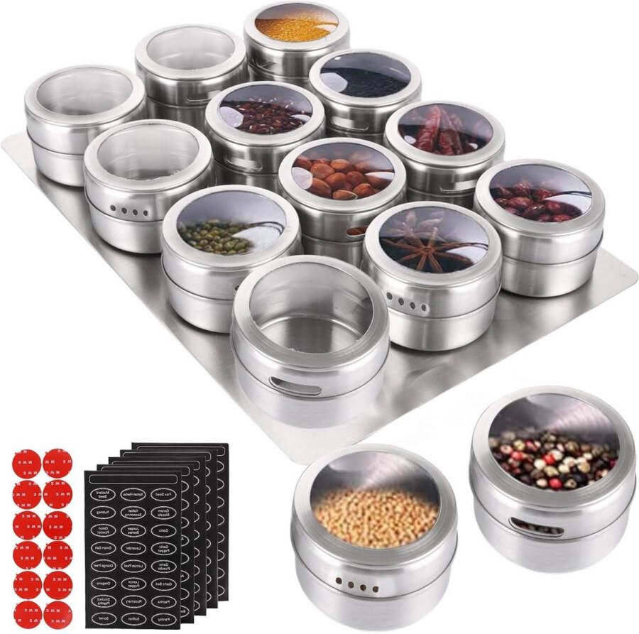 12 stuks magnetische kruidenpotjes 6 x 4 cm roestvrij staal met wandbasis bevat 100 etikettenstickers Kruidenpotjes