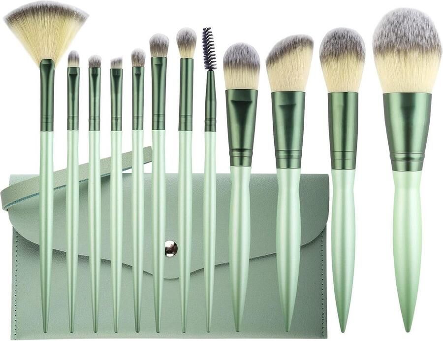 12 stuks make-up borstels set met jade handvat synthetische foundation concealer make-up borstels kit professioneel cosmetische tas groen