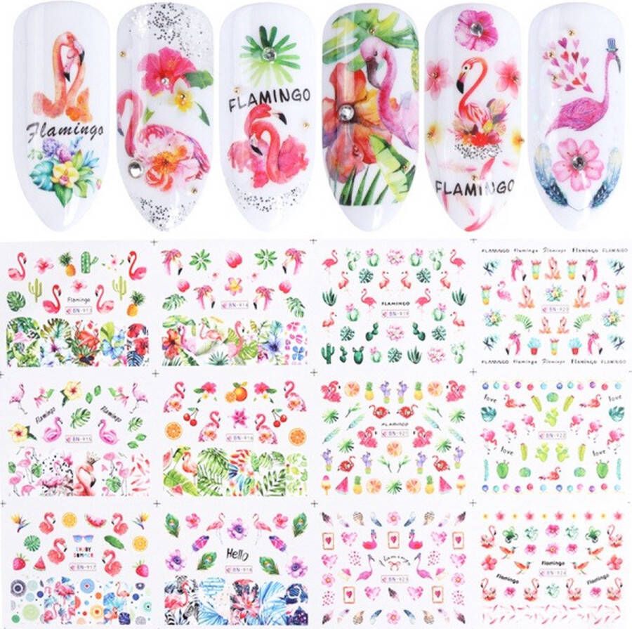 12 Stuks Nagelstickers – Flamingo Tropische Bladeren – Nail Art Stickers