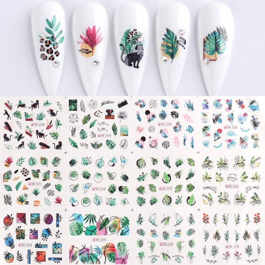 12 Stuks Nagelstickers – Groen – Bladeren – Nail Art Stickers