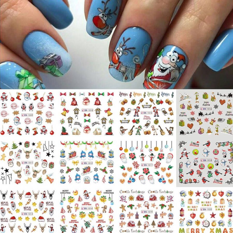 12 Stuks Nagelstickers – Kerst Icoontjes – Sneeuwpop Kerstman Slee – Nail Art Stickers