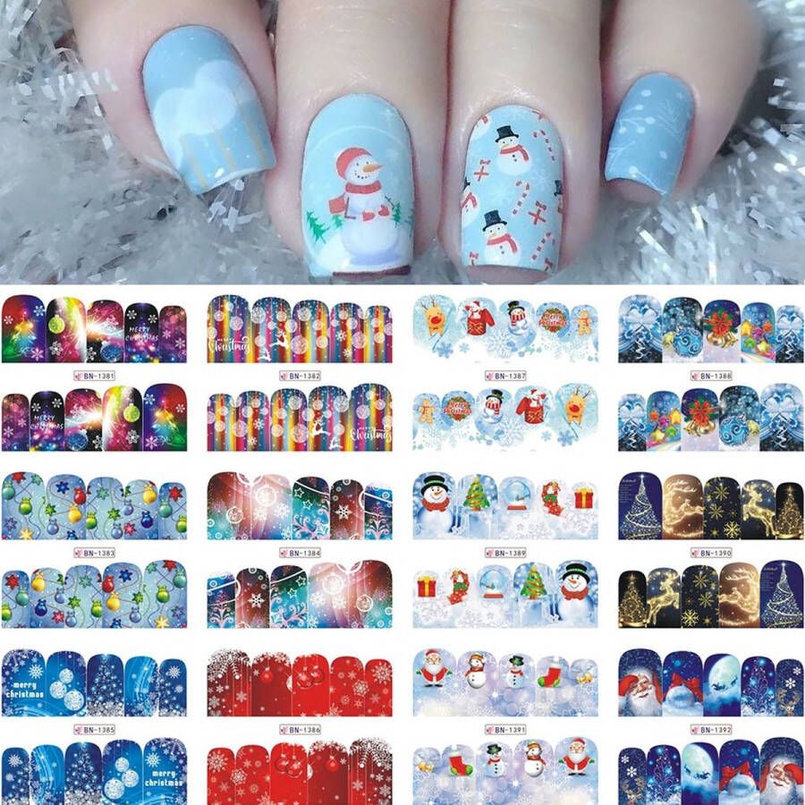 12 Stuks Nagelstickers – Kerst Patronen – Sneeuwpop Sneeuw Kerstlichtjes – Nail Art Stickers