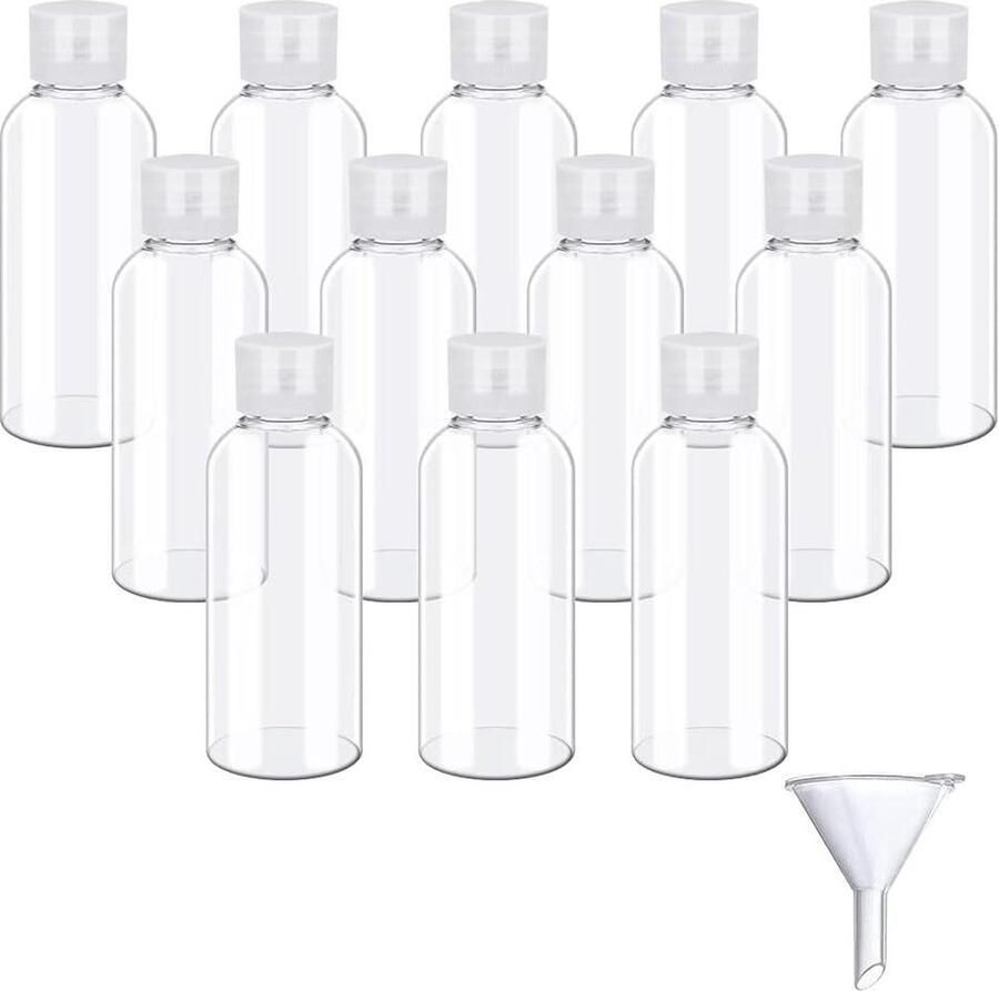 12 stuks Reisflessen Set van 50 ml Transparant Plastic Lege Cosmetica Container Mini Luchtflessen PET Reisdouchegel Houder met Trechter Om te Vullen reisflesjes 100ml