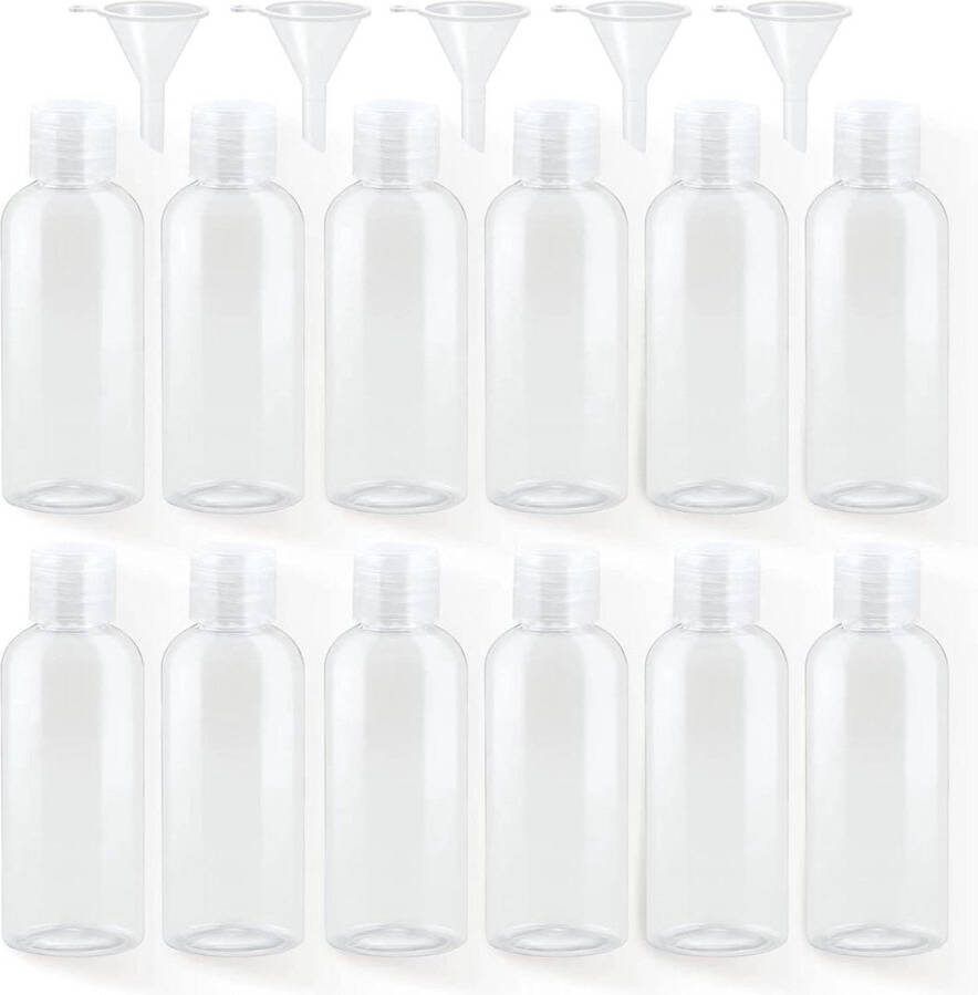 12 stuks reisflessenset 50 ml plastic flesjes met trechters transparant PET toilettasje voor shampoo lotions crèmes navulbaar reisflesjes 100ml