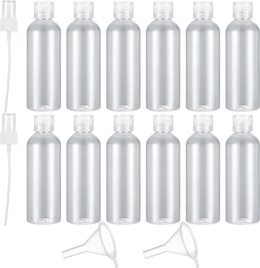 12 stuks Reissetjes 100 ml Plastic Flesjes Cosmetische Flesjes met 2 Spuitmondjes Geschikt voor Vliegreizen en Zakenreizen Shampoo Lotion reisflesjes 100ml