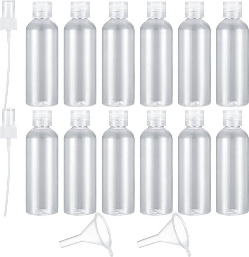 12 stuks reissetjes 100 ml plastic flesjes met spuitmondjes en trechters voor vliegreizen en zakenreizen shampoo en lotion reisflesjes handbagage