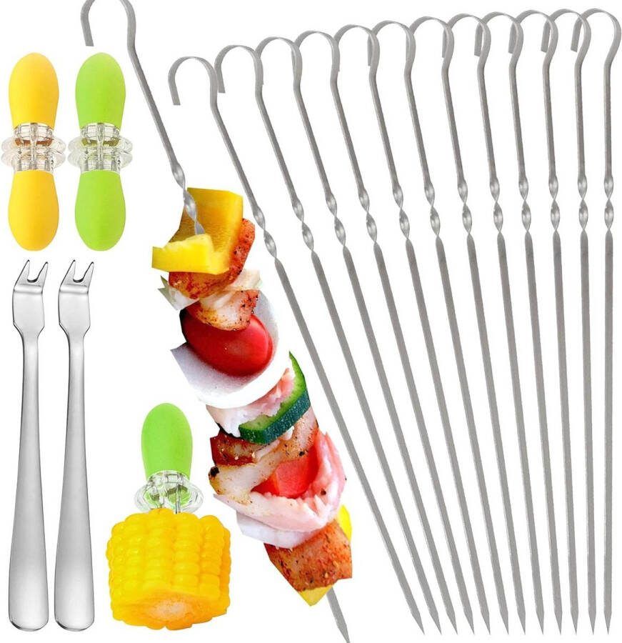 12 stuks roestvrijstalen kebabspiesen lang 38 cm met maïshoudergrill vleesvorken voor kampvuur grillschaal kamperen