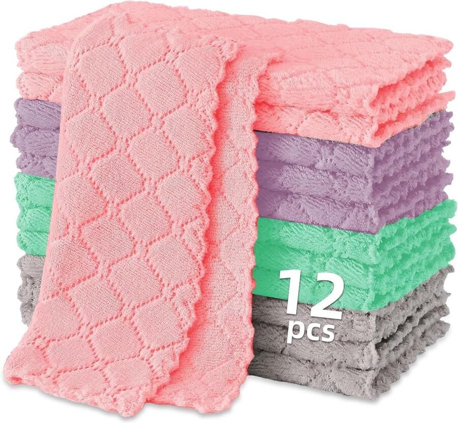 12 stuks schoonmaakdoekjes microvezeldoekjes herbruikbare doekjes pluisvrije doeken voor keuken badkamer auto 24 5 x 24 5 cm (meerkleurig)