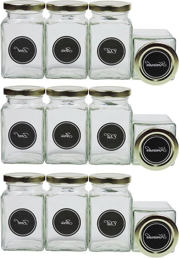 12 vierkante kruidenpotjes 260 ml set van 24 met kruidenetiketten goudkleurige deksels Kruidenpotjes vierkant