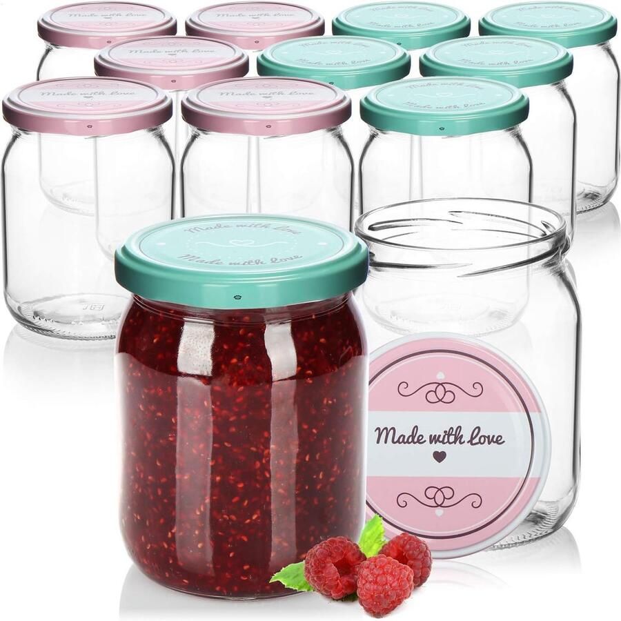 12 weckpotten met schroefdeksel in groen en roze 490ml