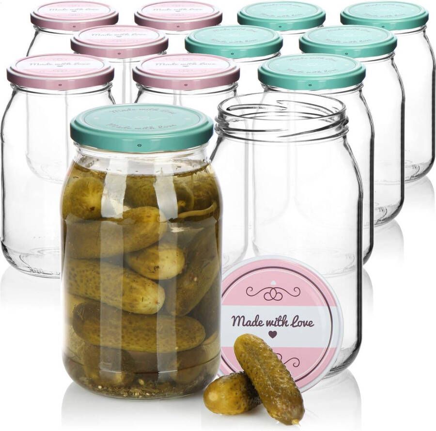 12 weckpotten met schroefdeksel in groen en roze 920ml