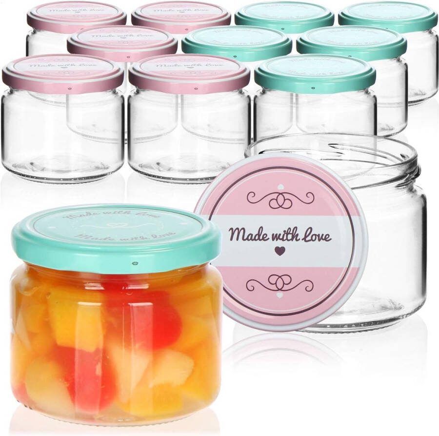12 weckpotten set met schroefdeksel in groen en roze 250 ml