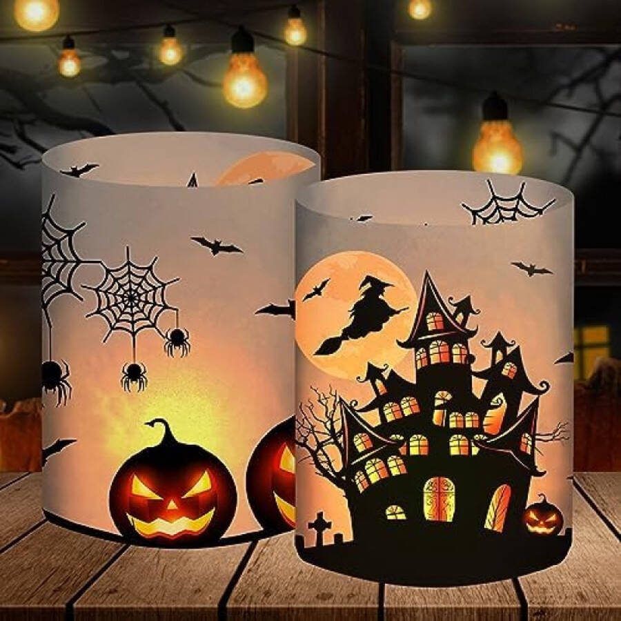 12 windlichten tafeldecoratie Halloween decoratie tafel pompoen vleermuis heks spinnenweb outdoor indoor tuin kinderverjaardagsfeestset voor theelichtjes of kaarsen