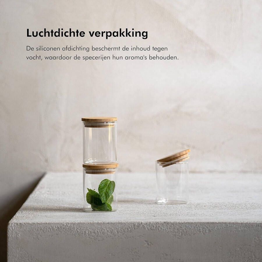 12 x 150ml Bamboe Kruidenpotjes Stapelbare Glazen Voorraadpotten Set Spice Jars Organisator