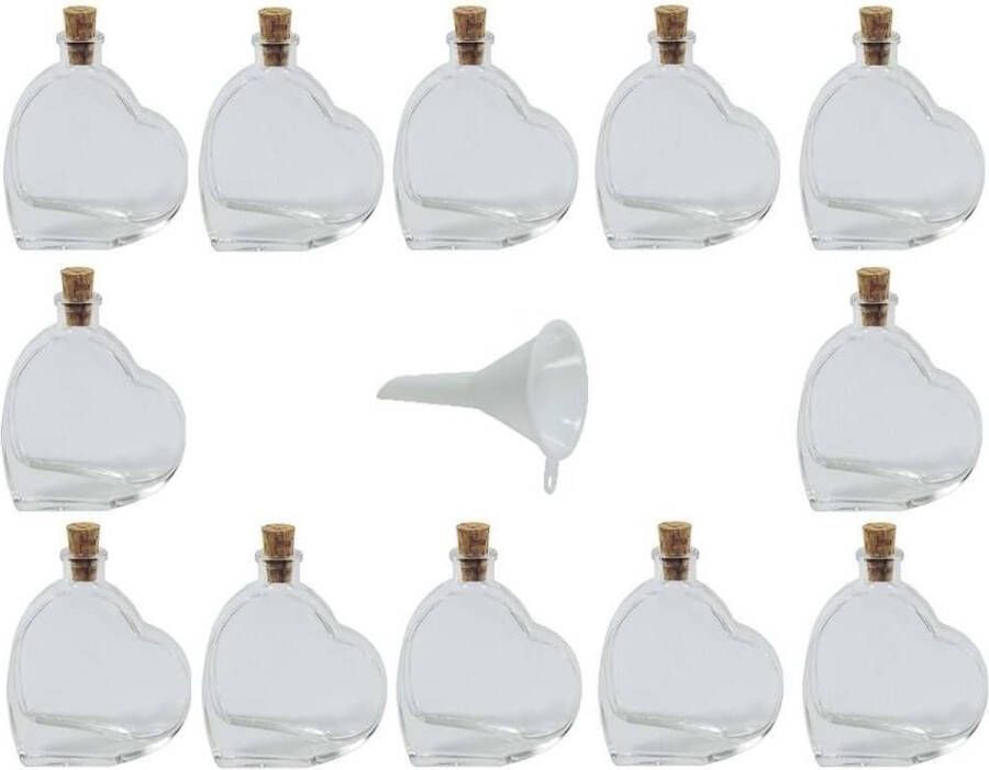 12 x mini glazen flesjes in hartvorm 50 ml set glazen met kurksluiting als gastgeschenk likeurflessen oliefles enz. te gebruiken (incl. trechter Ø 5 cm)