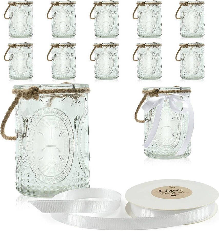 12 x windlicht glas met beugel en decoratief lint wit theelichtglazen eenvoudig afneembare metalen beugel decoratie voor bruiloft (romantiek groot)
