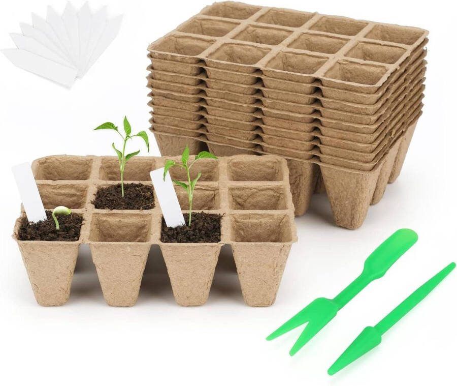 120 Cellen Biologisch Afbreekbare Vezelpotten Met Plantetiketten en Verplanten Gereedschap Beige Kweekbak