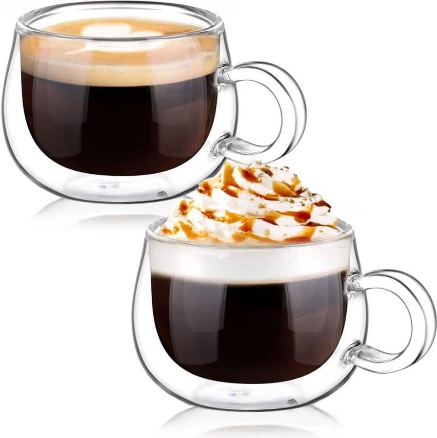 120 ml x 2 Espresso Kopjes Dubbelwandige Espresso Glazen Kop Borosilicaatglas Koffiekopjes Glas Koffieglazen Theeglazen Set met Handvat voor Macchiato Latte Thee IJs Melk